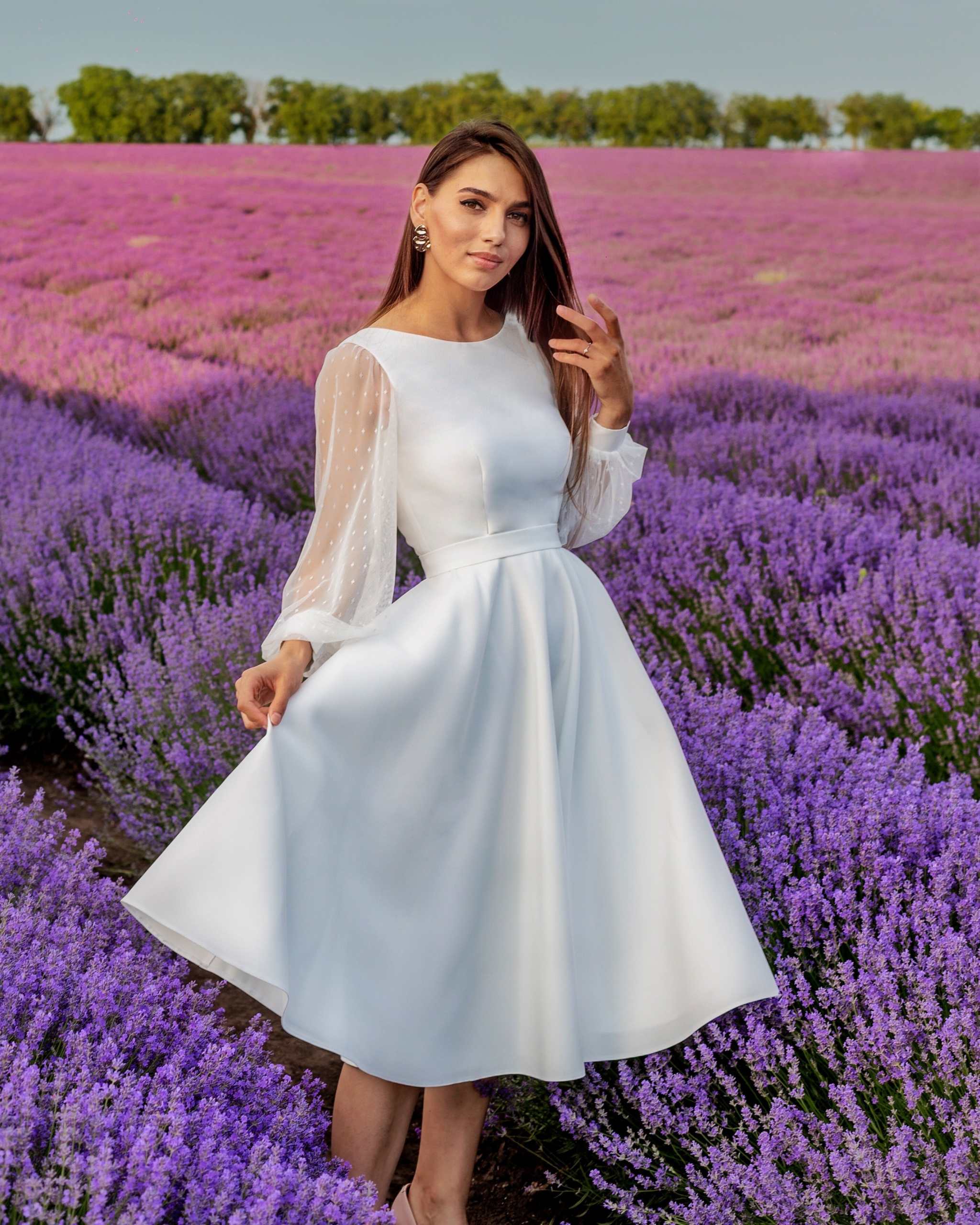 Rochie cununie civila din satin regal, midi elegantă cu mâneci lungi