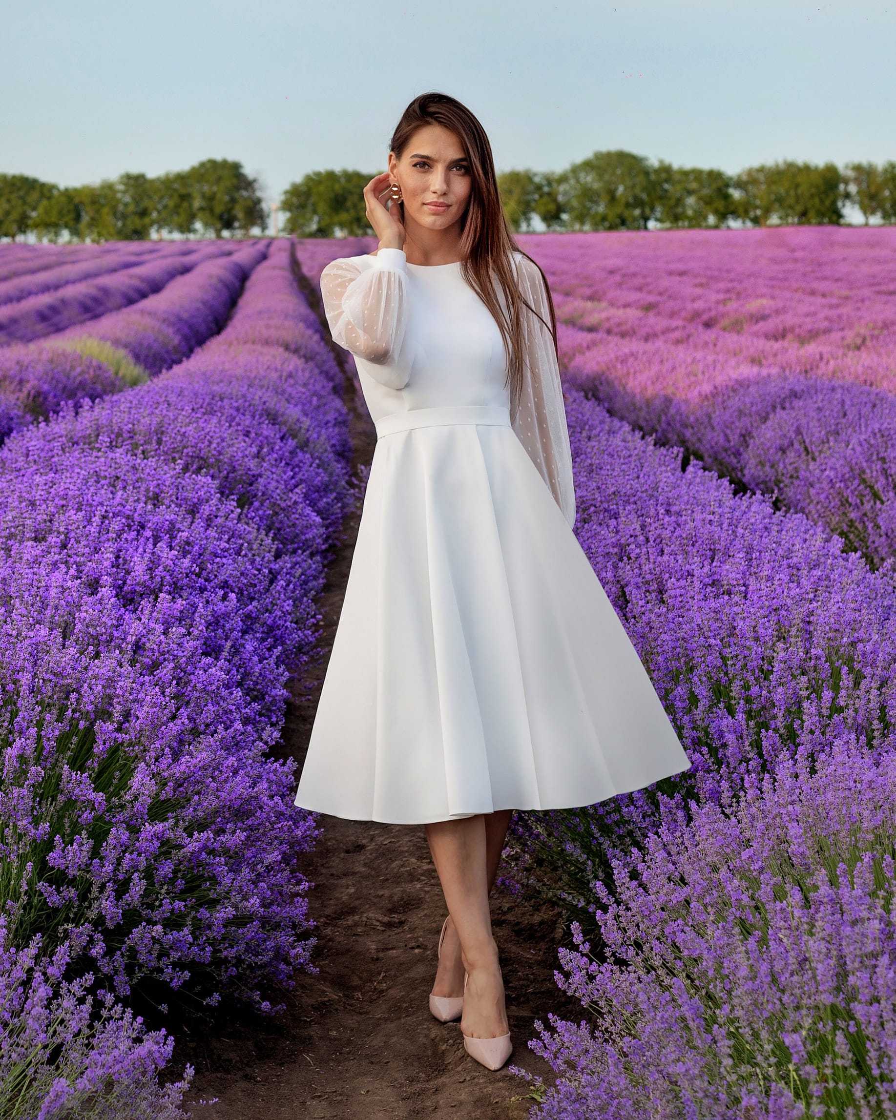 Rochie cununie civila din satin regal, midi elegantă cu mâneci lungi