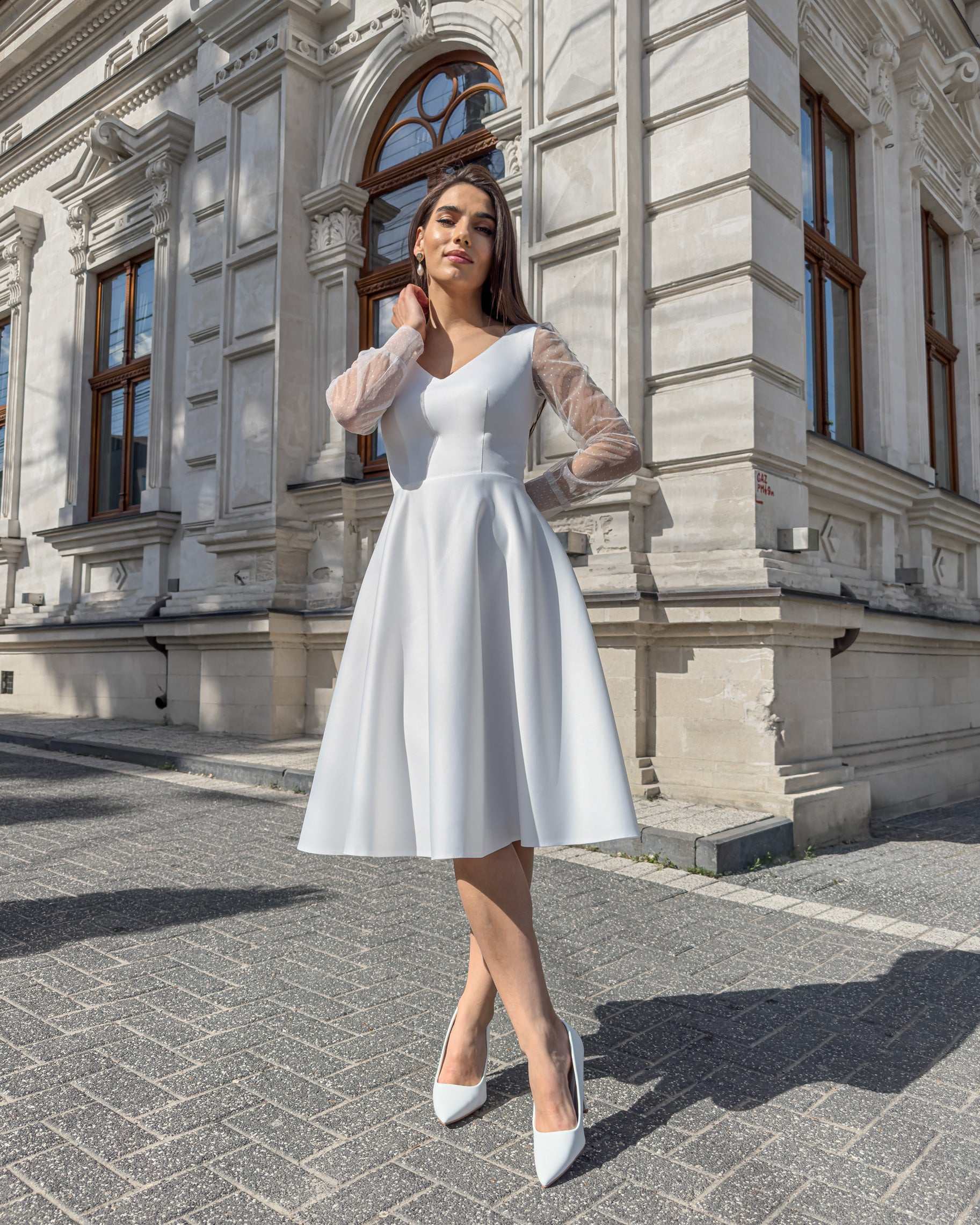 Rochie alba eleganta din satin, pentru cununie civila si evenimente