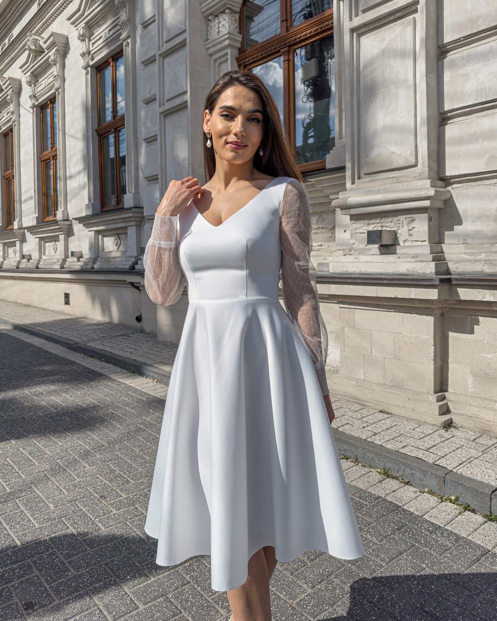 Rochie alba eleganta din satin, pentru cununie civila si evenimente