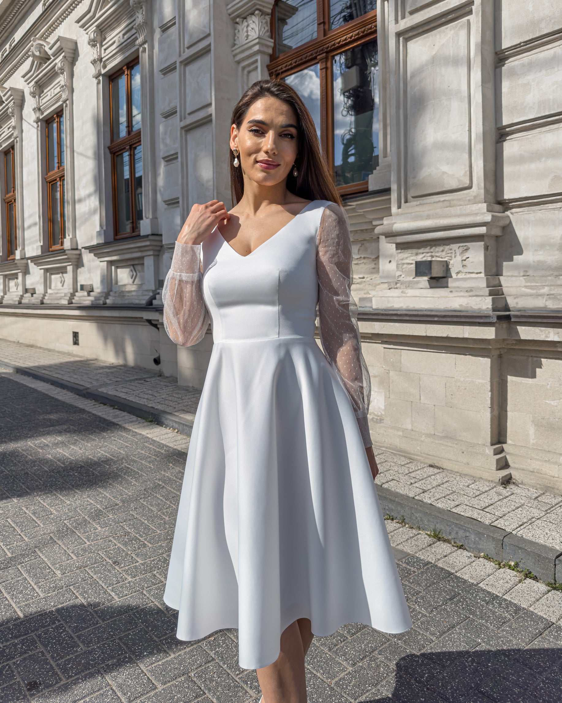 Rochie alba eleganta din satin, pentru cununie civila si evenimente