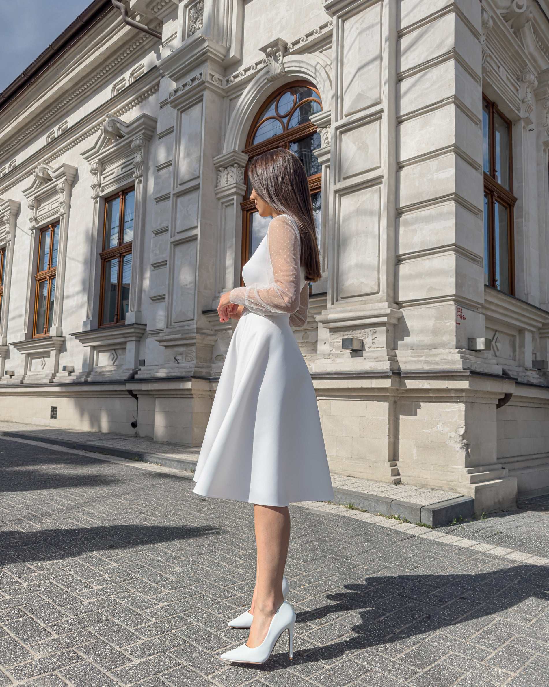 Rochie alba eleganta din satin, pentru cununie civila si evenimente