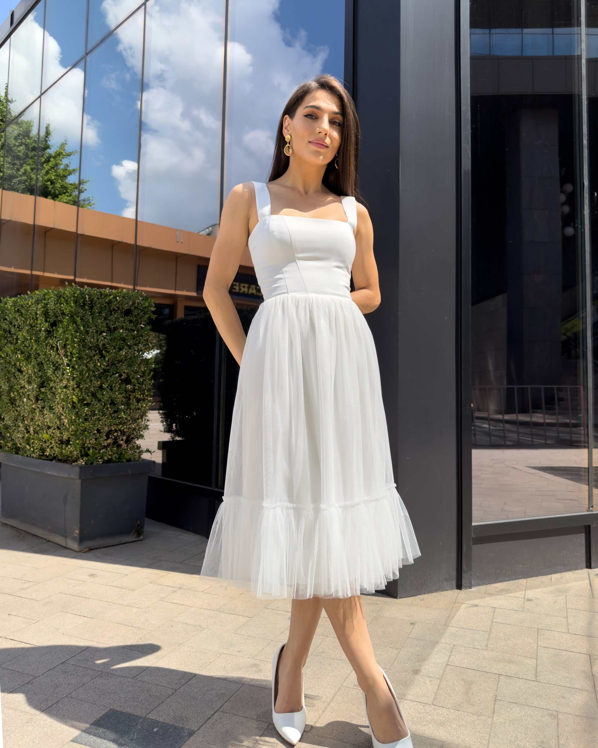 Rochie cununie civila elegantă midi, rafinată, pentru ziua ta specială
