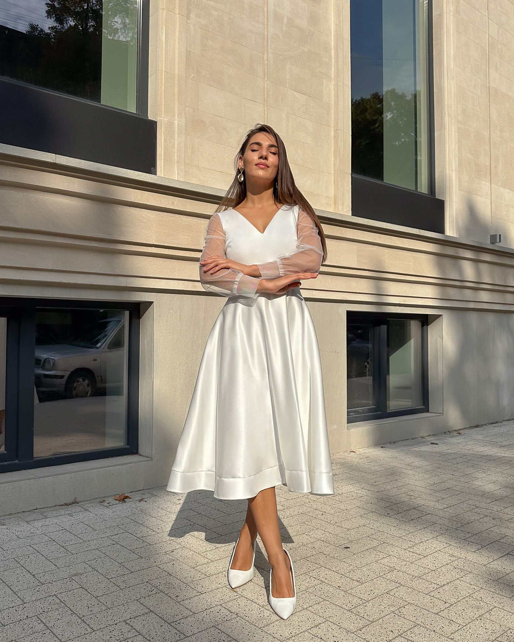 Rochie cununie civila albă midi, elegantă, cu mâneci lungi, decolteu V