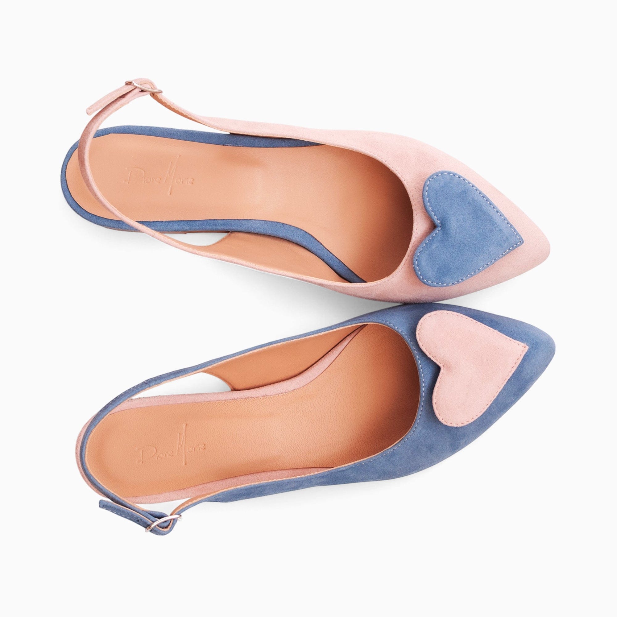 Balerini asimetrici din piele intoarsa bleu cu roz Phoenix